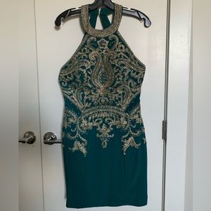 Camille La vie emerald green and gold short party formal dress